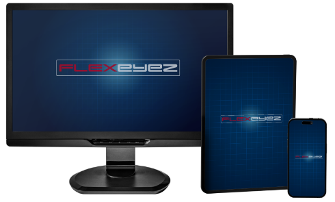 Ein Desktop-PC, ein Tablet und ein Smartphone, die jeweils das FLEXeyez Logo enthalten.