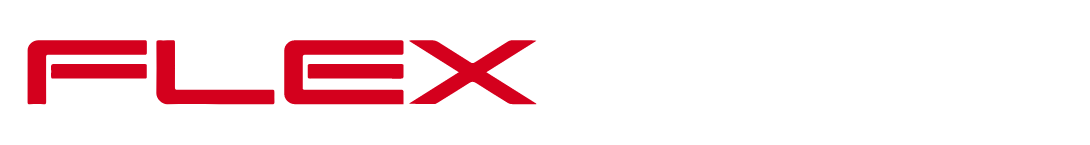 Rote und weiße Buchstaben, die FLEXeyez ergeben, das FLEXeyez Logo