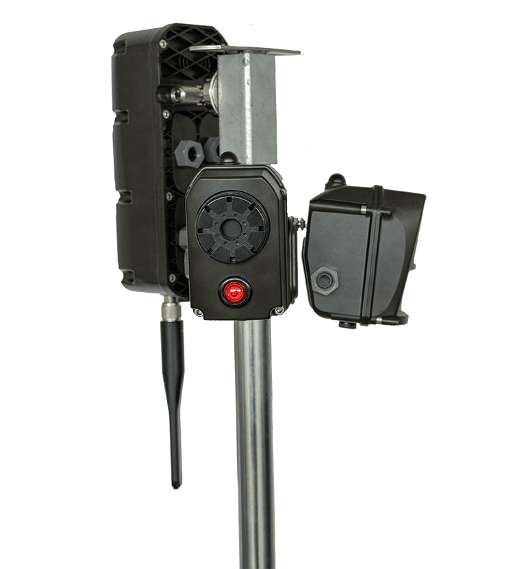 Ein Produktfoto von FLEXeyez. Es handelt sich um eine Spriteanimation der drei Komponenten Detektor, Sirene, Bridge