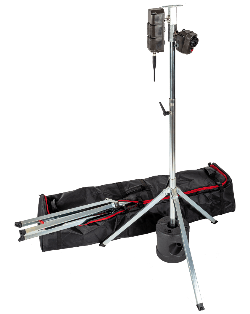 Eine aufgebaute Sirene und Bridge von FLEXeyez mit Standfuß und Tasche für Verpackung und Transport.